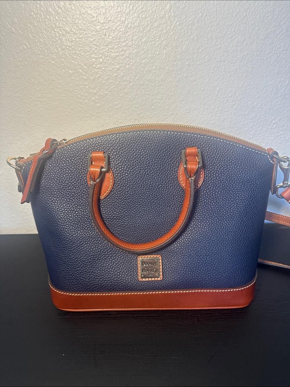 Dooney & Bourke Navy Satchel with Brown Trim and Gold Hardware